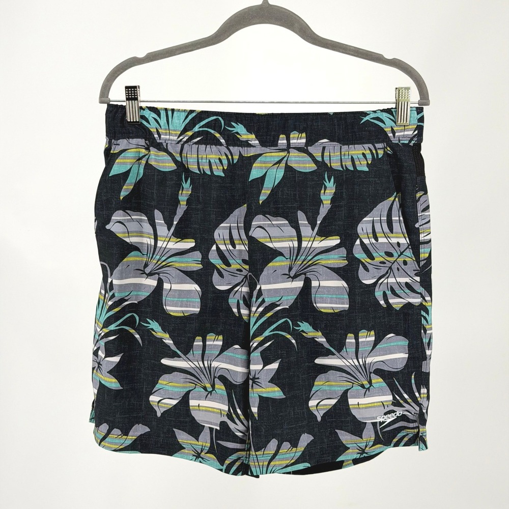 Speedo Swim Trunks Mens Small Black Tropical Compression‎ Liner Shorts